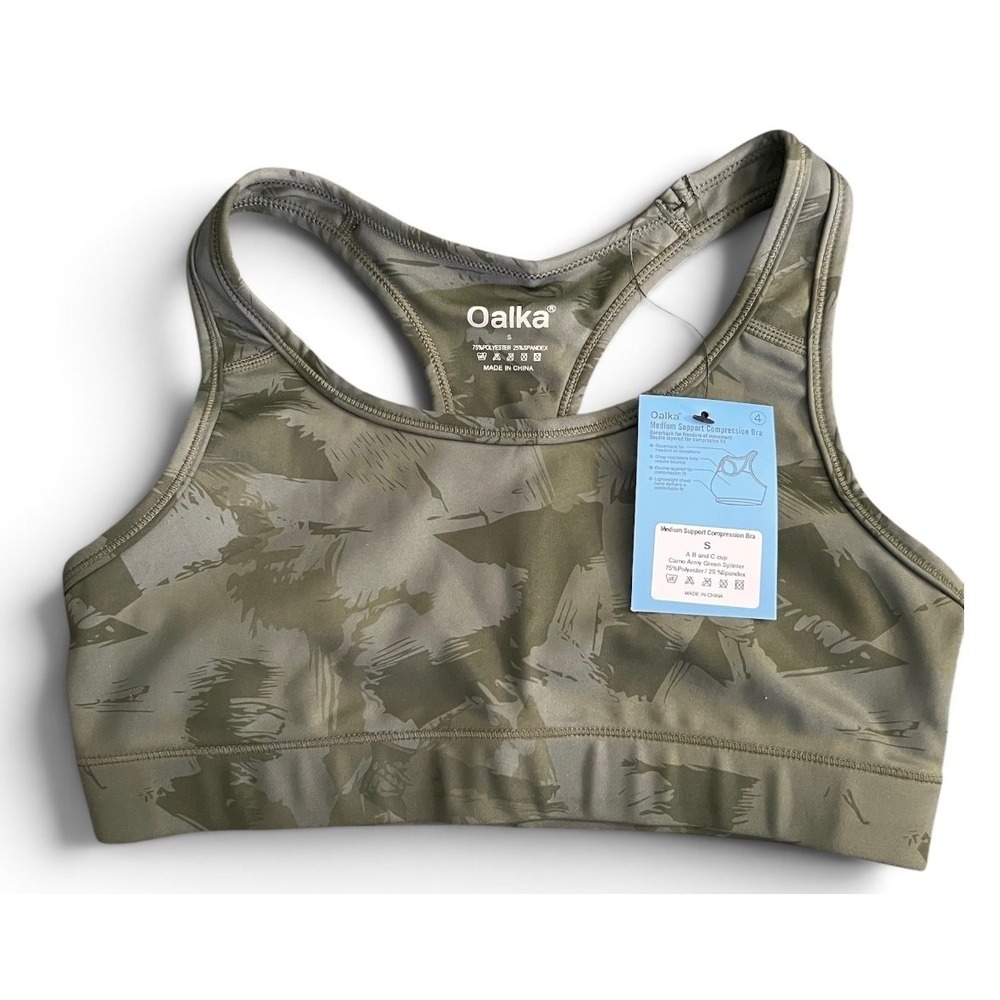 NWT Oalka Camo Medium Support Compression Sports Bra Racerback‎ Size S Yoga Gym